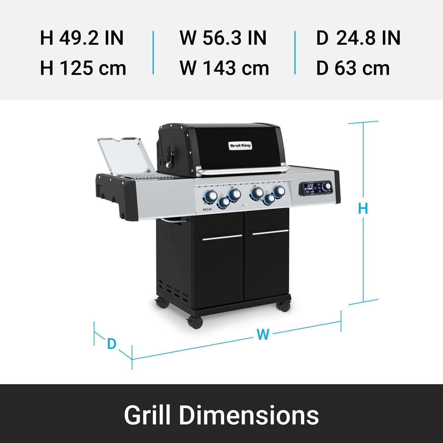Broil King 687247 Regal Q 490 Pro IR Natural Gas Grill - Grill Dimensions - Dimensional thumbnail