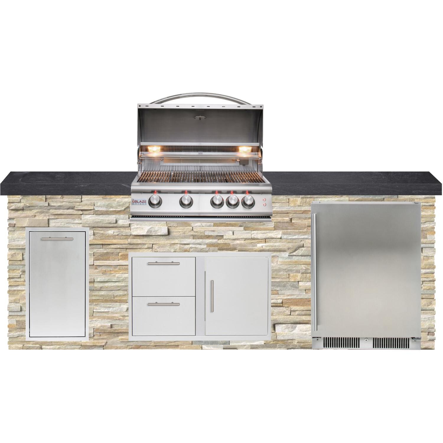 BBQGuys Signature 8ft Luxury Outdoor Island w/ Blaze Premium LTE 32-Inch Natural Gas Grill & Outdoor Rated Refrigerator - Golden Honey Stone w/ Black Polished Granite