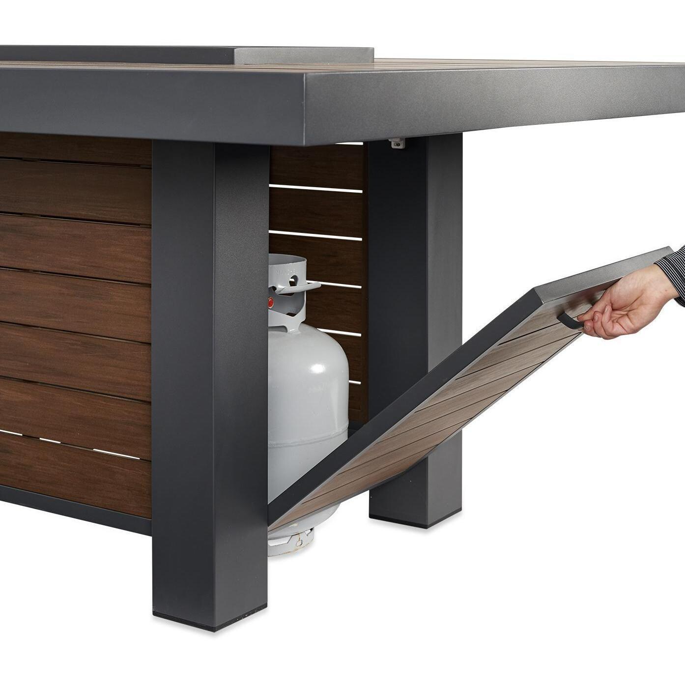 Revere 5 Pc Cast Aluminum Natural Gas Fire Pit Dining Set in Brown by Lakeview Outdoor Designs (Ships Propane w/ Conversion Kit) - Storage - Detail thumbnail