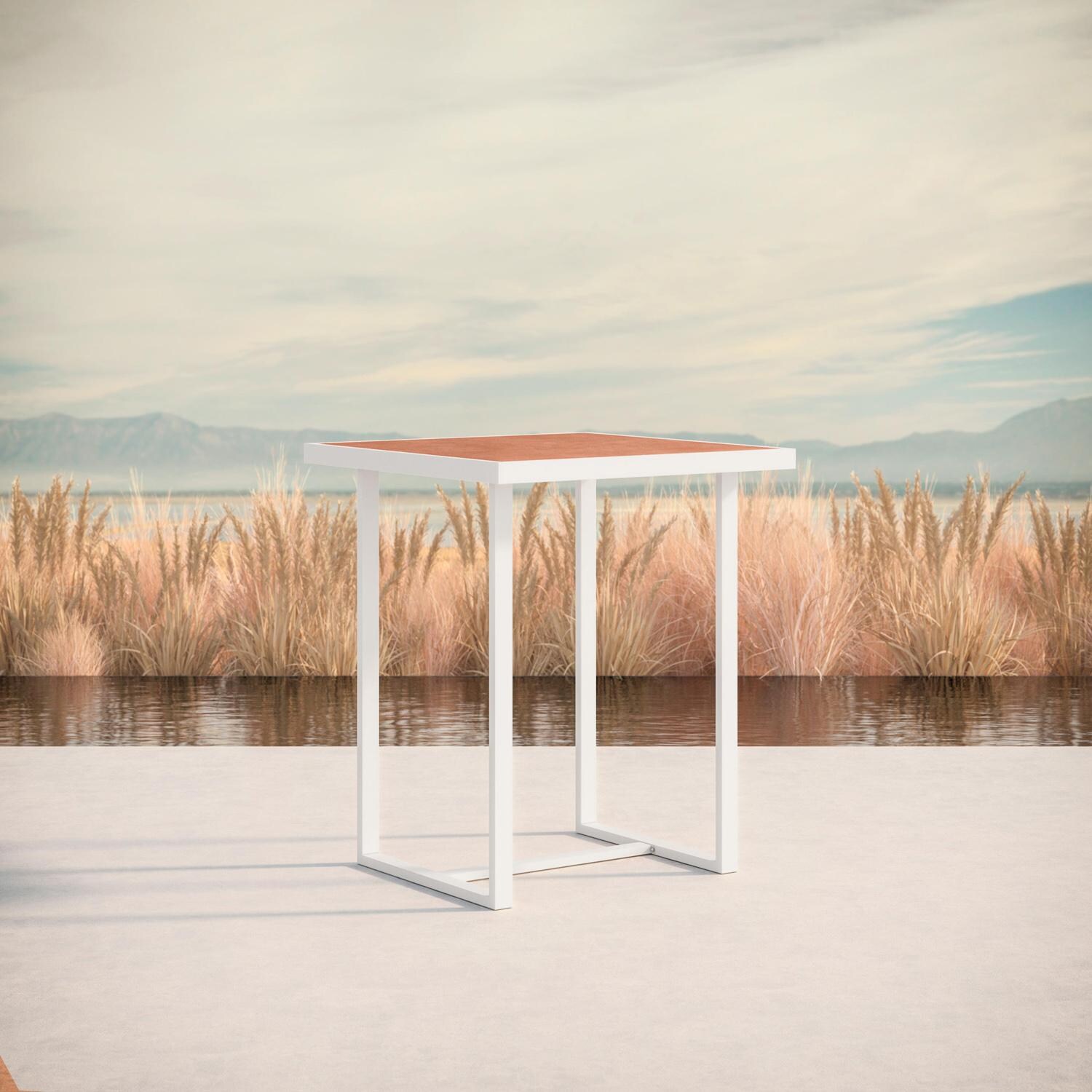 Azzurro Living Pavia 35 Inch White Aluminum Bar Table W/ Umber Dekton Top - Lifestyle thumbnail