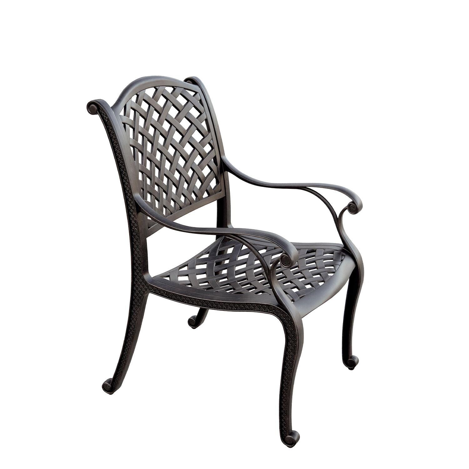 Nassau Cast Aluminum Dining Chair in Antique Bronze/Sky Blue by Darlee - Side View - Cushion Removed - White Background thumbnail