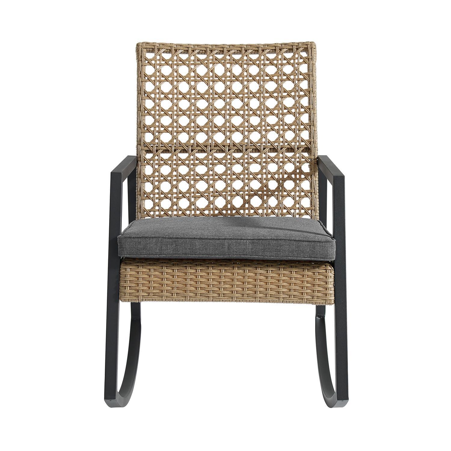 Ultimate Patio Pointebell Rattan & Steel Patio Rocking Chair W/ Gray Cushion - Brown - Front View thumbnail