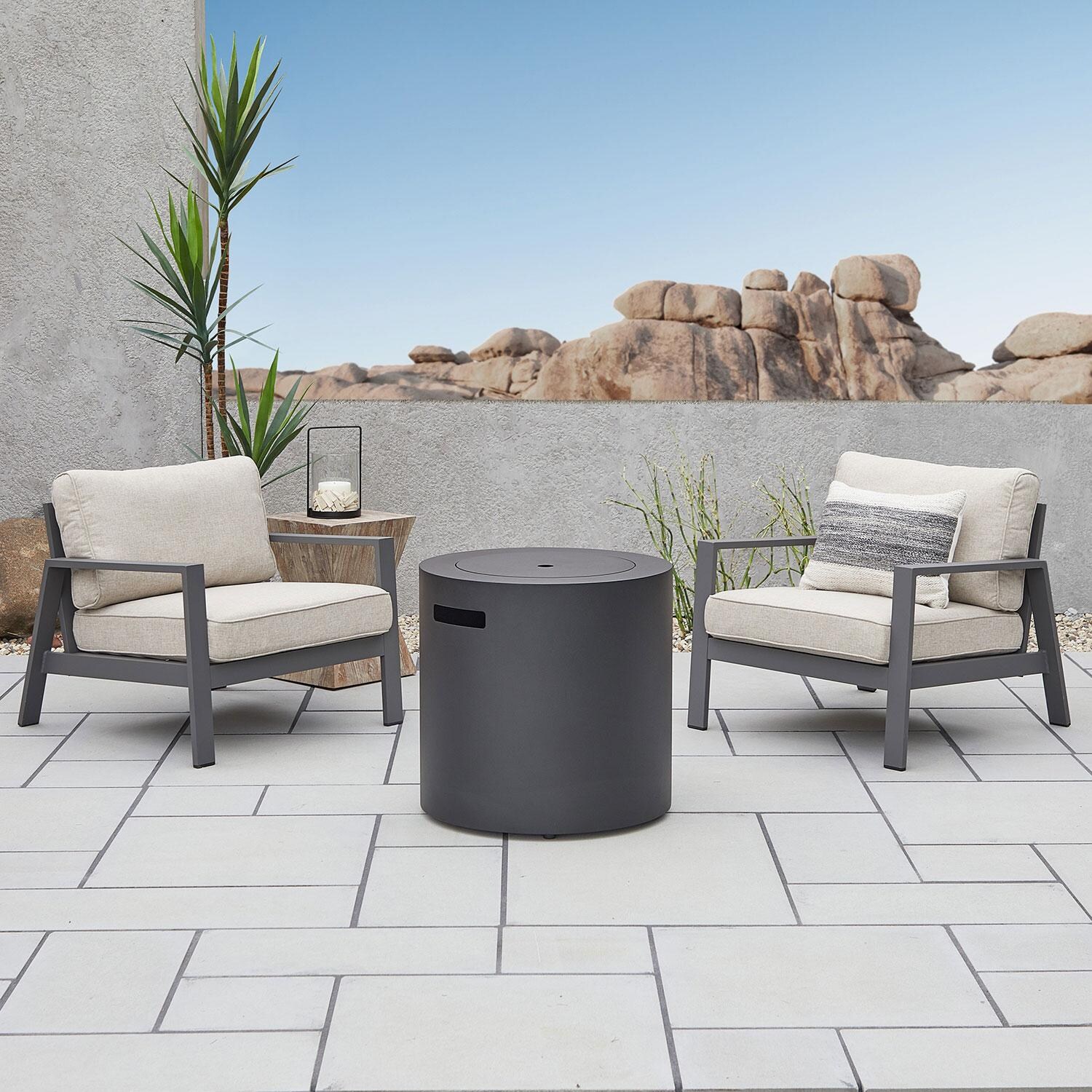 Elysian 3 Pc Powder Coated Steel Seating Set w/ 24 Inch Round Fire Pit in Black by Lakeview - Lid On - Lifestyle thumbnail