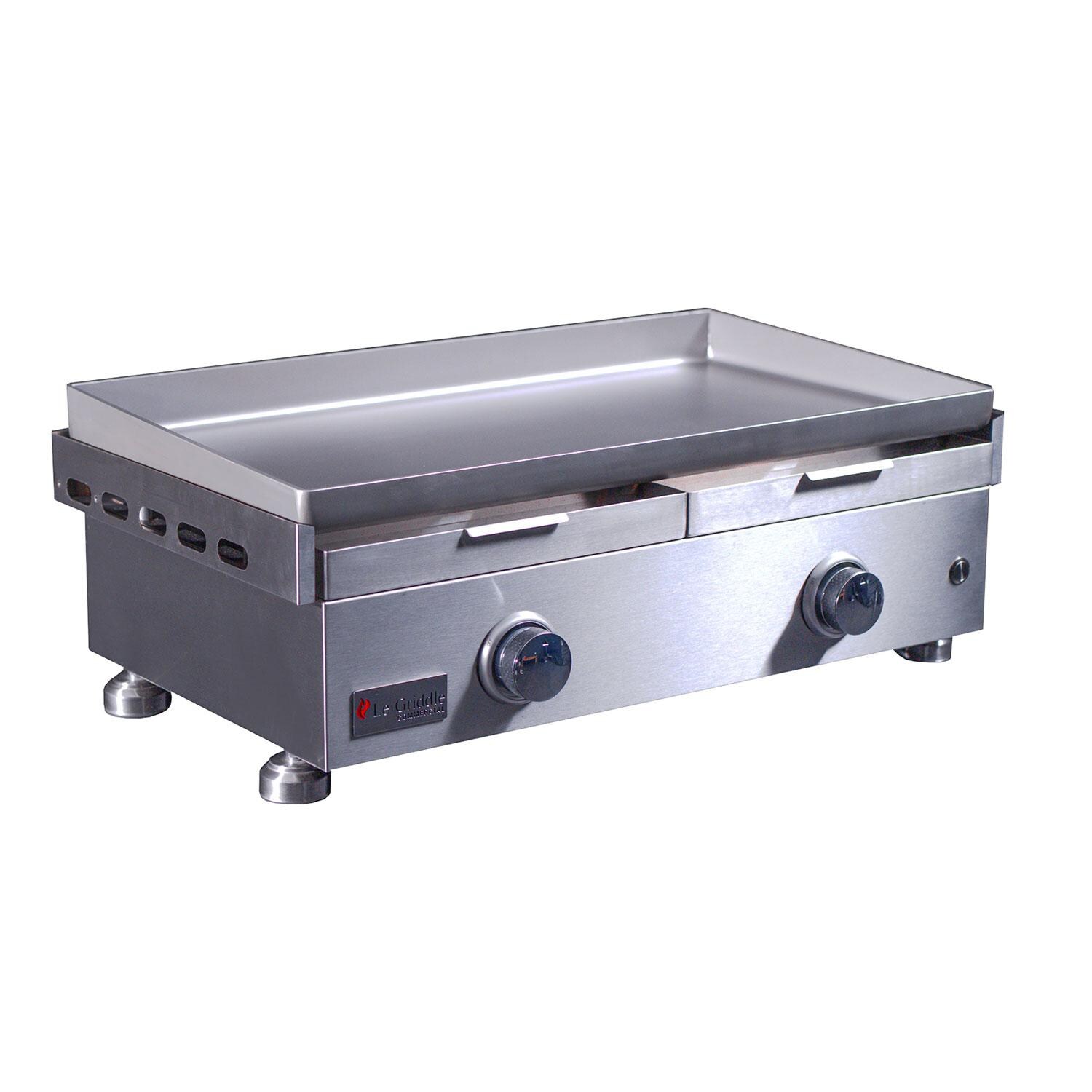 Le Griddle OML75C6 LP Commercial Series 75 2 Burner Built-In Propane Flat Top Grill w/ 6mm Plate - Greaser Disposal Trays - Side View - White Background thumbnail