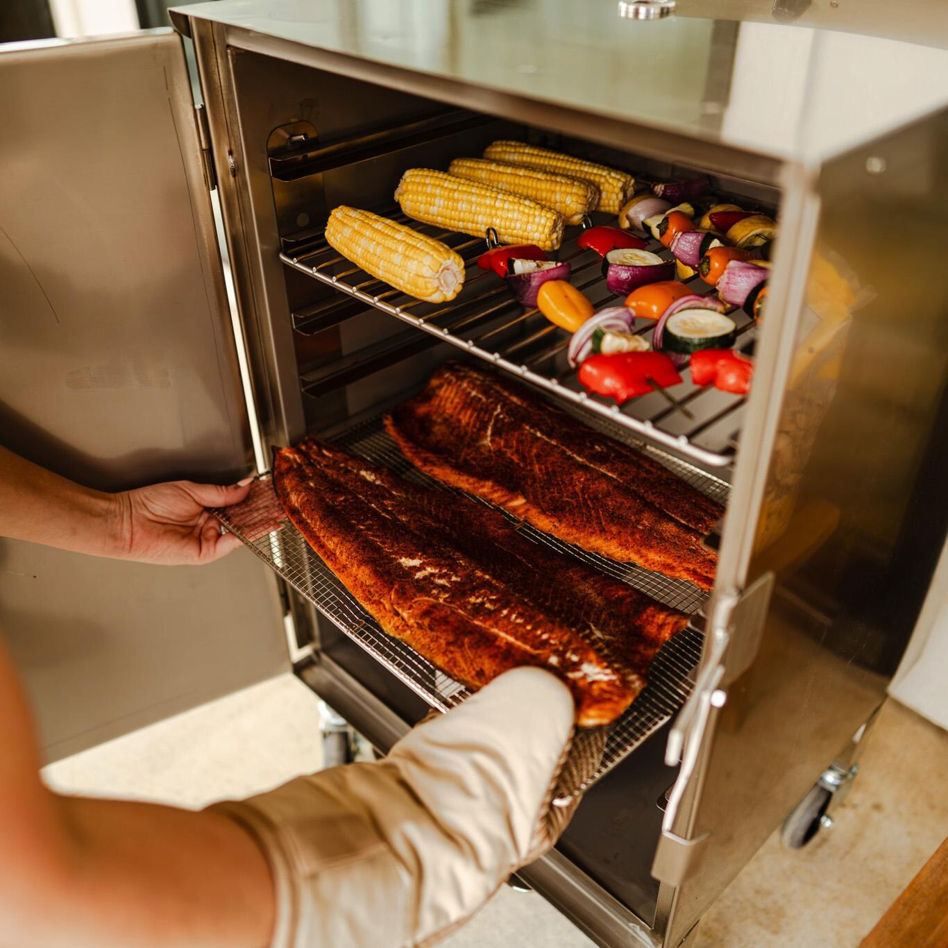 Smokin Tex 1402 Seafood Grill for The OG Legacy Series Smokers - Removing from Smoker - Lifestyle thumbnail