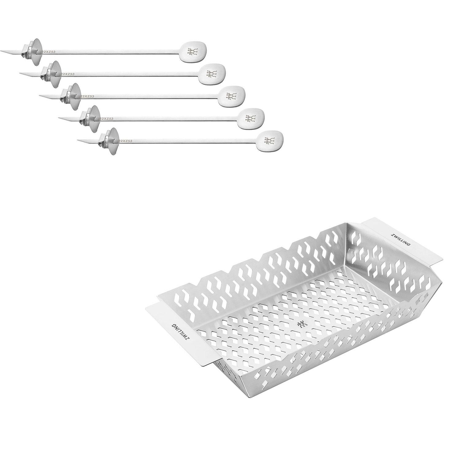 Zwilling Henckels Cutlery 1027926 BBQ+ 6 Pc Kabob Set - Grill Medium Basket & 5 Pc Skewer Set - White Background thumbnail