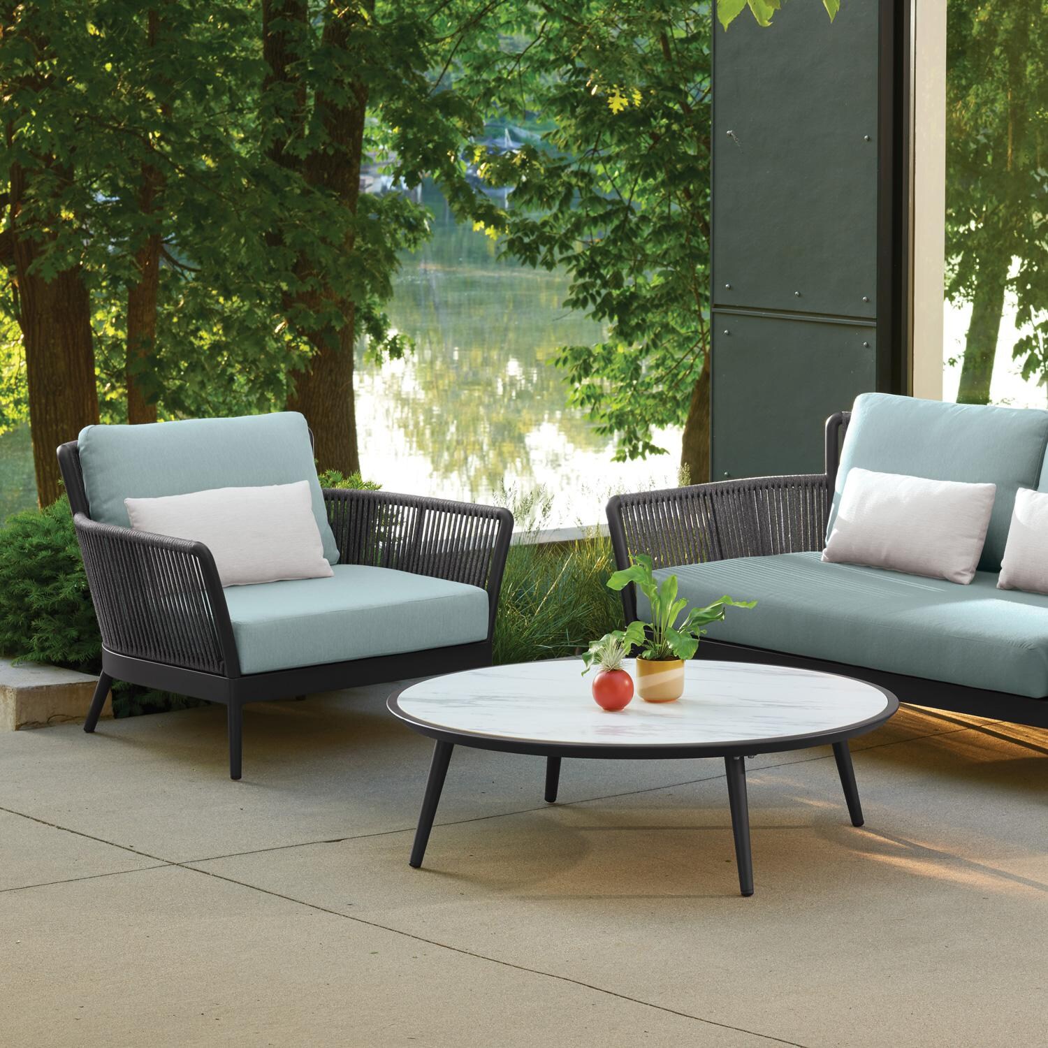 Oxford Garden Nette Olefin Rope & Aluminum Club Chair W/ Salt Lumbar Pillow in Carbon/Seafoam - Lakeside
