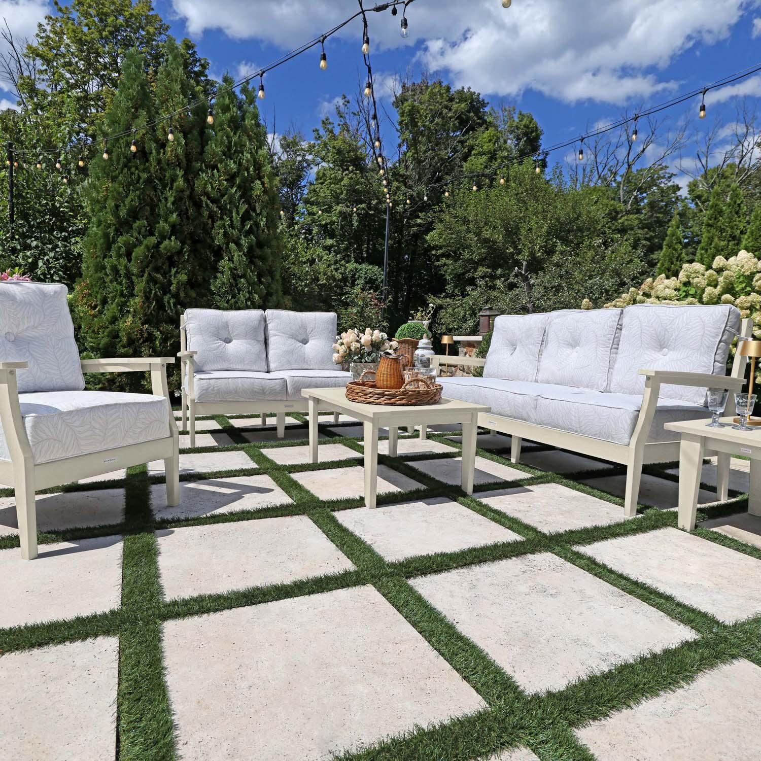 Blushing Bay 6 Pc Recycled Plastic Grand Seating Set in Lively Parchment/Whitewash by Lakeview Outdoor Designs - Front View - Lifestyle thumbnail