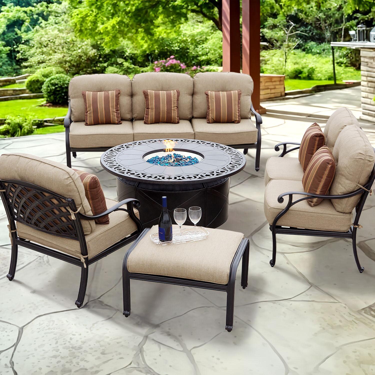 Darlee Nassau 5-Piece Patio Propane Fire Pit Deep Seating Set with Cushions and 47 Inch Round Fire Pit Chat Table and Fireglass - Set - Lifestyle thumbnail