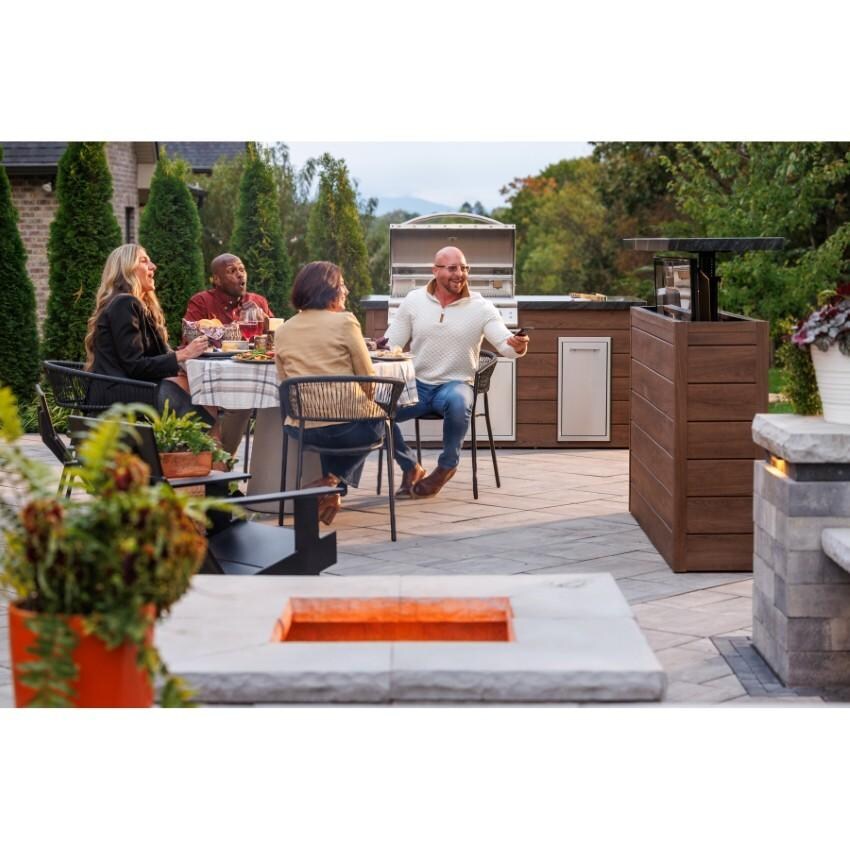 BBQGuys Signature 72 Inch 360 Degree Swivel Outdoor TV Lift Cabinet | Toffee w/ Black Granite - Tv Raising - Lifestyle thumbnail