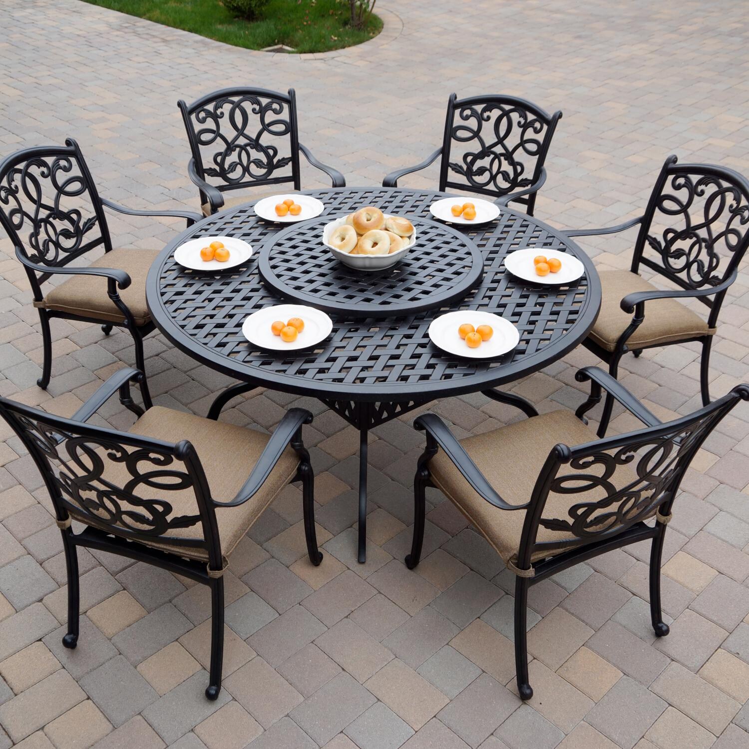 Santa Monica 8 Pc Cast Aluminum Dining Set w/ 60 Inch Round Series 30 Table & Lazy Susan in Antique Bronze/Sesame by Darlee