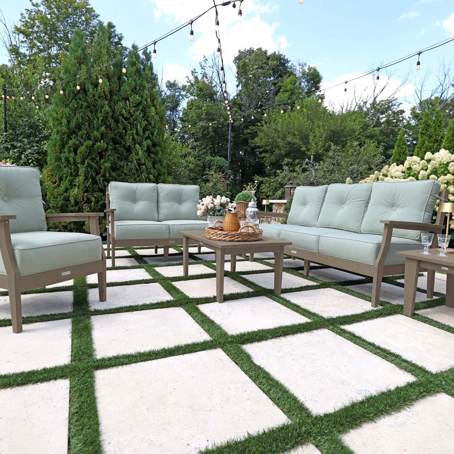 Blushing Bay 6 Pc Recycled Plastic Grand Seating Set in Canvas Seasalt/Woodland Brown by Lakeview Outdoor Designs - Front View - Lifestyle thumbnail