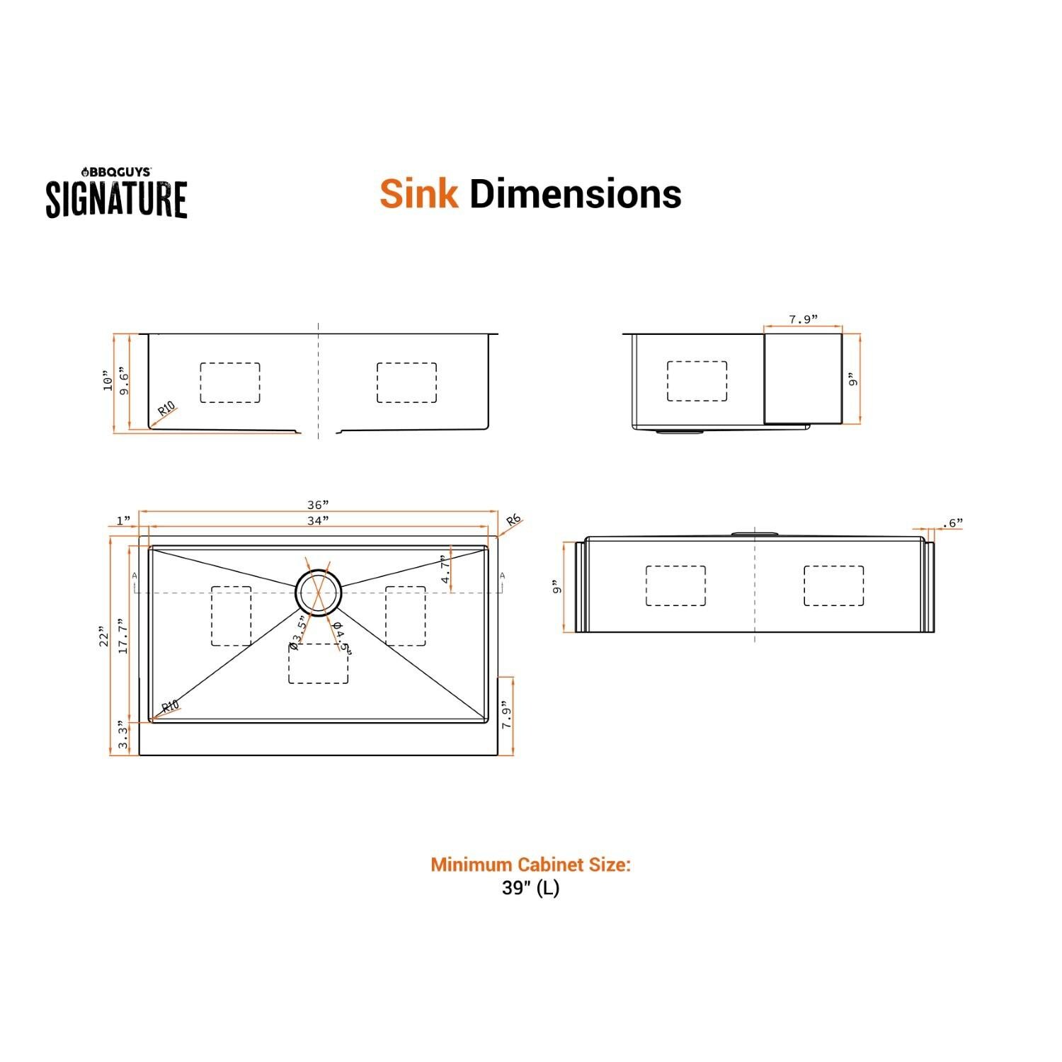 BBQGuys Signature Farmhouse Flat Apron Stainless Steel 36-Inch Sink W/Grid and Strainer - Dimensional thumbnail