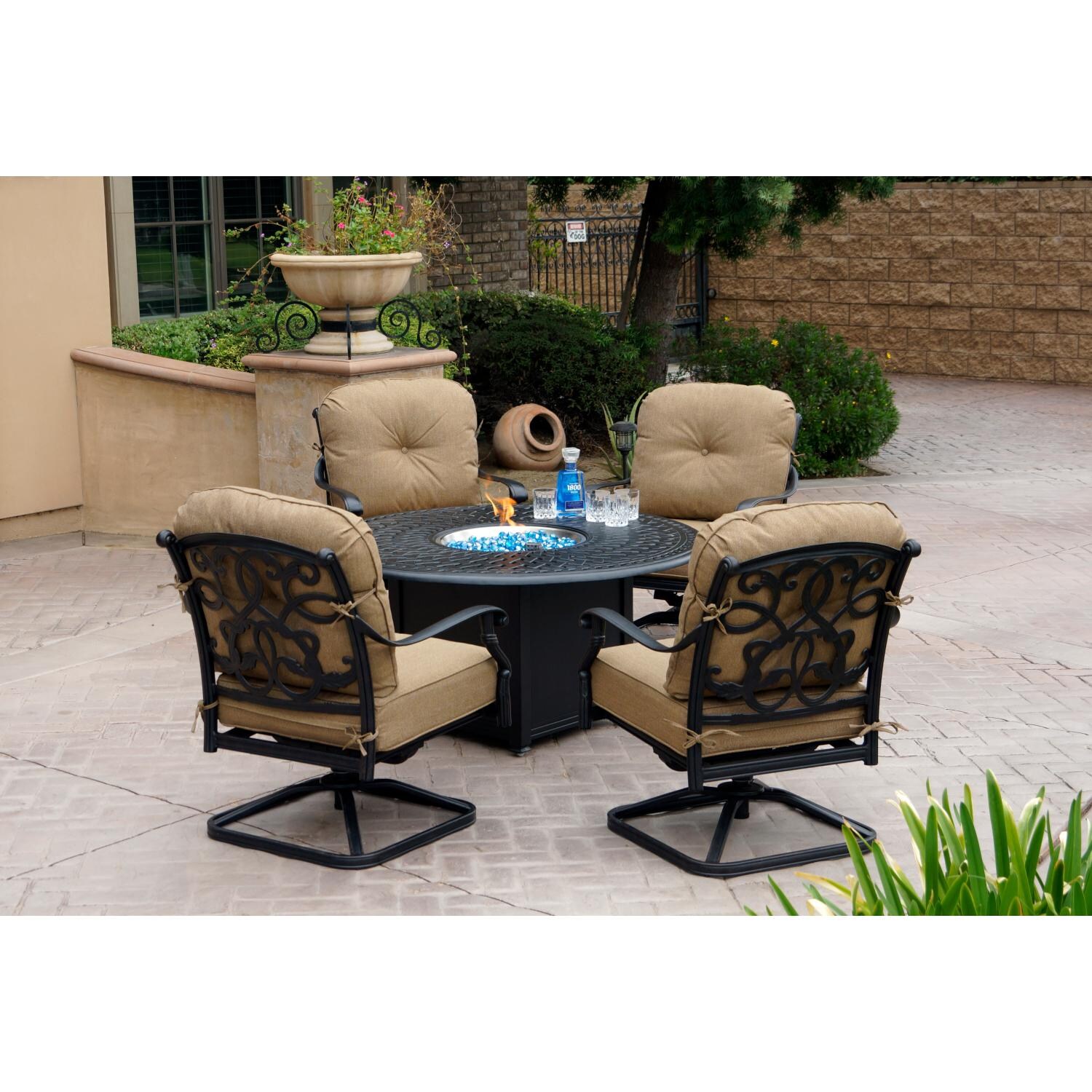 Darlee DL2056-5PCR-60QB Santa Monica 5 Piece Cast Aluminum Patio Fire Pit Conversation Set W/ Swivel Rocker Club Chairs & Sesame Cushions - Lifestyle thumbnail