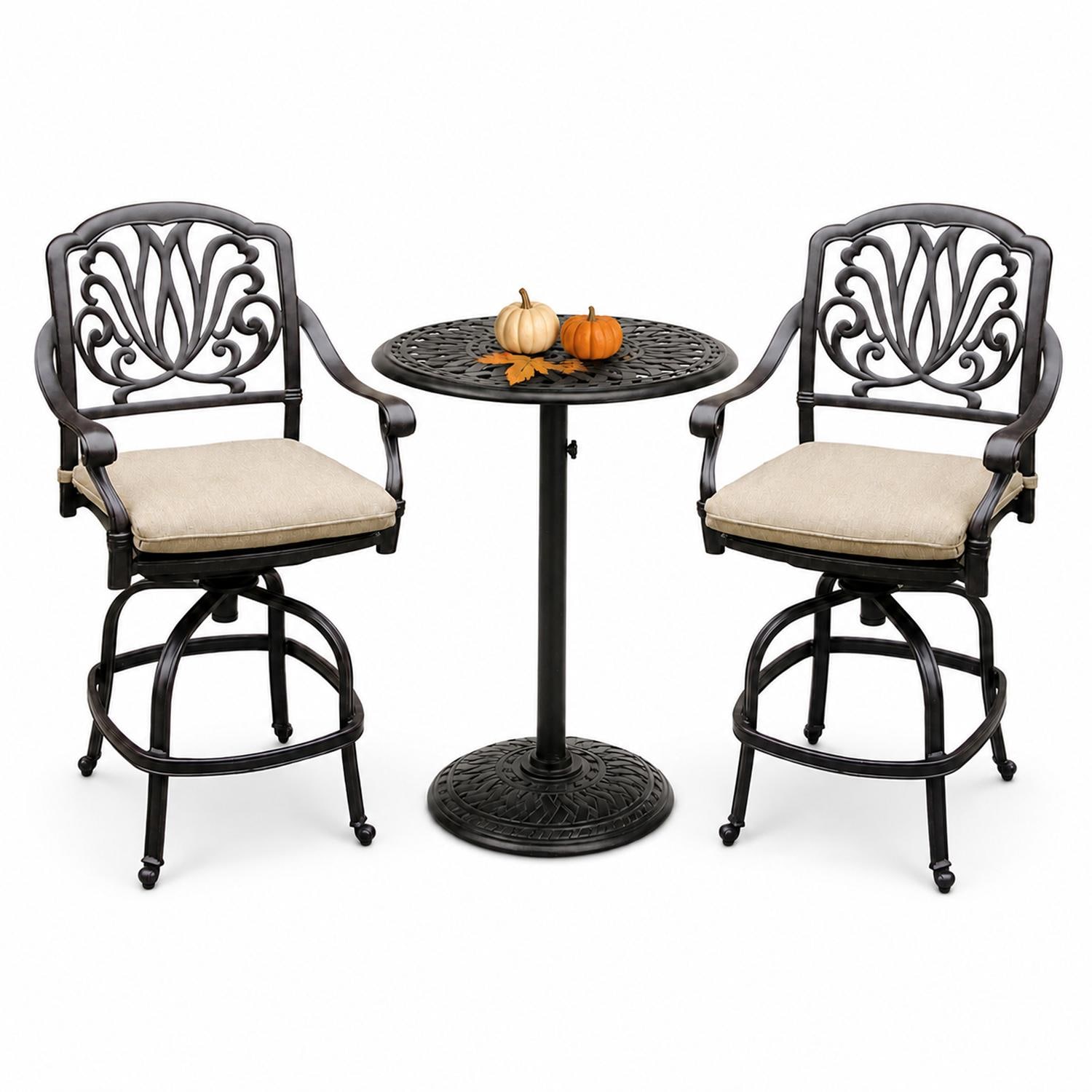 Darlee Elisabeth 3 Pc Cast Aluminum Counter Height Bar Set w/ 30 Inch Round Series 60 Table in Antique Bronze/Beige - Set - White Background thumbnail