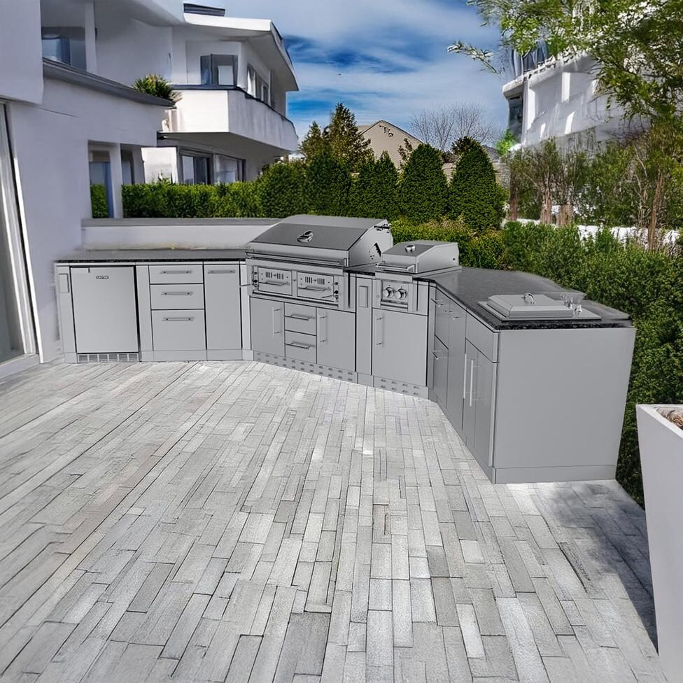 Sunstone Grills SCPBIGTEX21-LP Big-Texan 21 Ft Outdoor Kitchen Island w/ Propane Grill & Side Burner, Sink, Refrigerator, Trash Bin, Door & Drawer - On Patio 45 Angle - Lifestyle thumbnail