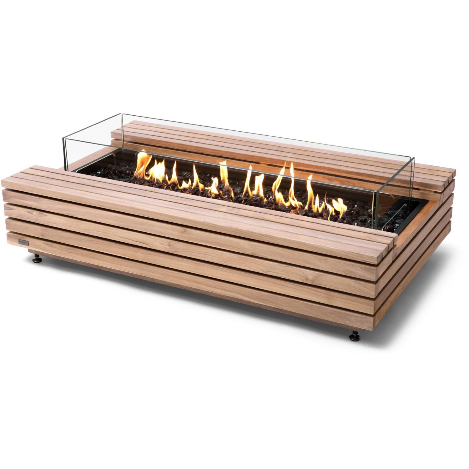 EcoSmart Fire ESF.O.CMO.50.NF Cosmo 50 Inch Stainless Steel Burner Rectangle Teak Ethanol Pit Table in Natural Teak - Angled with Fire Rocks - White Background thumbnail