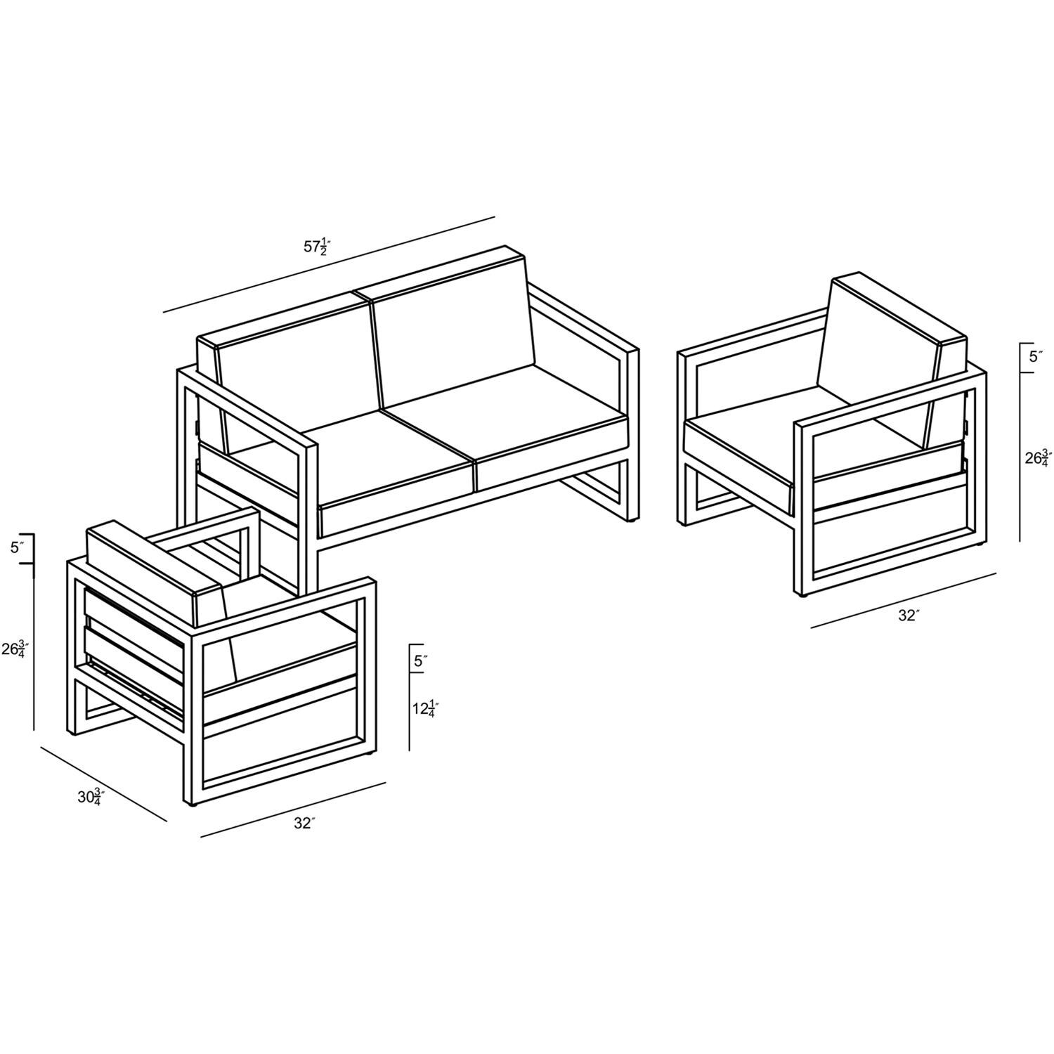 Lakeview MSTYCV-BK-3LSS-IN Misty Cove 3 Pc Aluminum Seating Set in Black w/Loveseat & Spectrum Indigo Cushions by Lakeview Outdoor Designs - Line Drawing - Dimensional thumbnail
