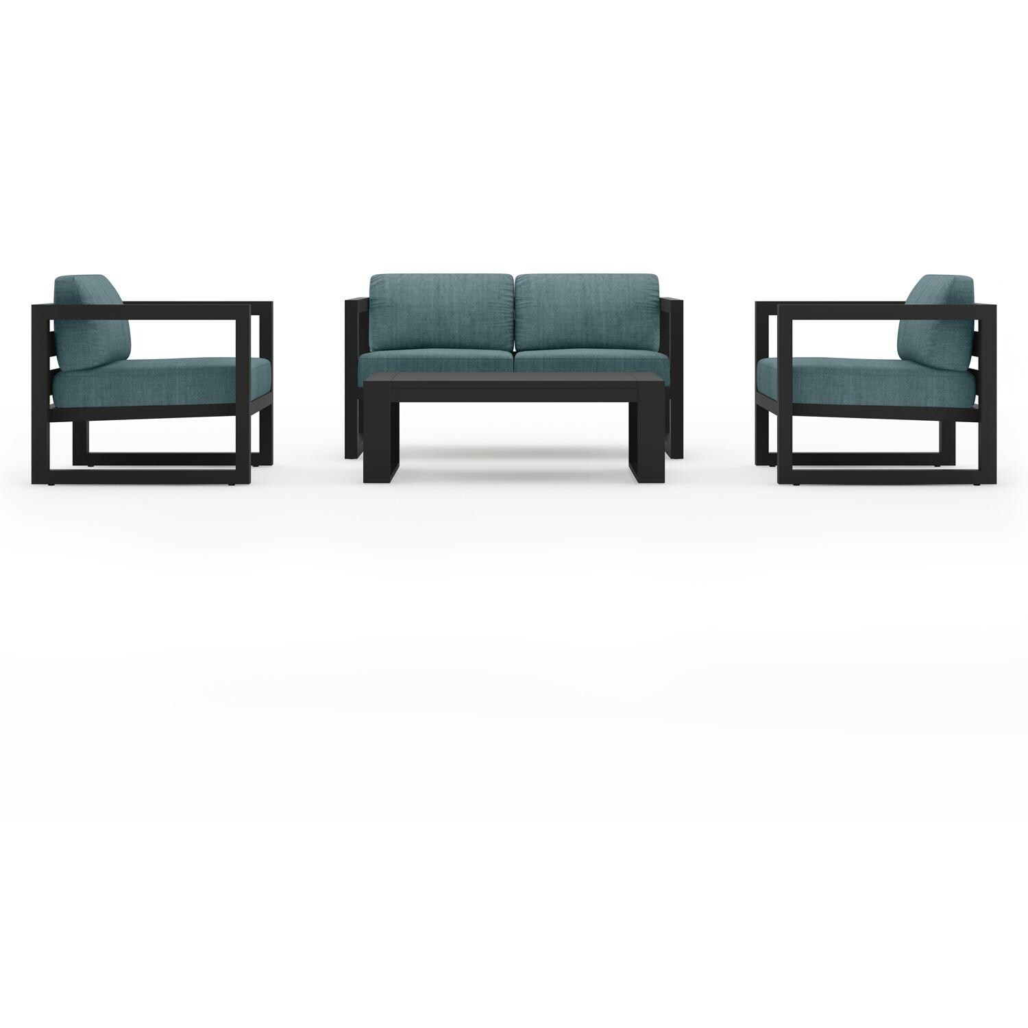 Misty Cove 4 Pc Aluminum Seating Set w/ Portal Coffee Table in Black/Cast Lagoon by Lakeview Outdoor Designs