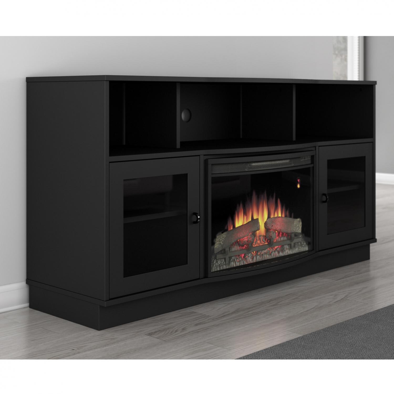 Furnitech Ambience Contemporary 64-Inch Electric Fireplace Media Console - Matte Black Finish - Perspective thumbnail