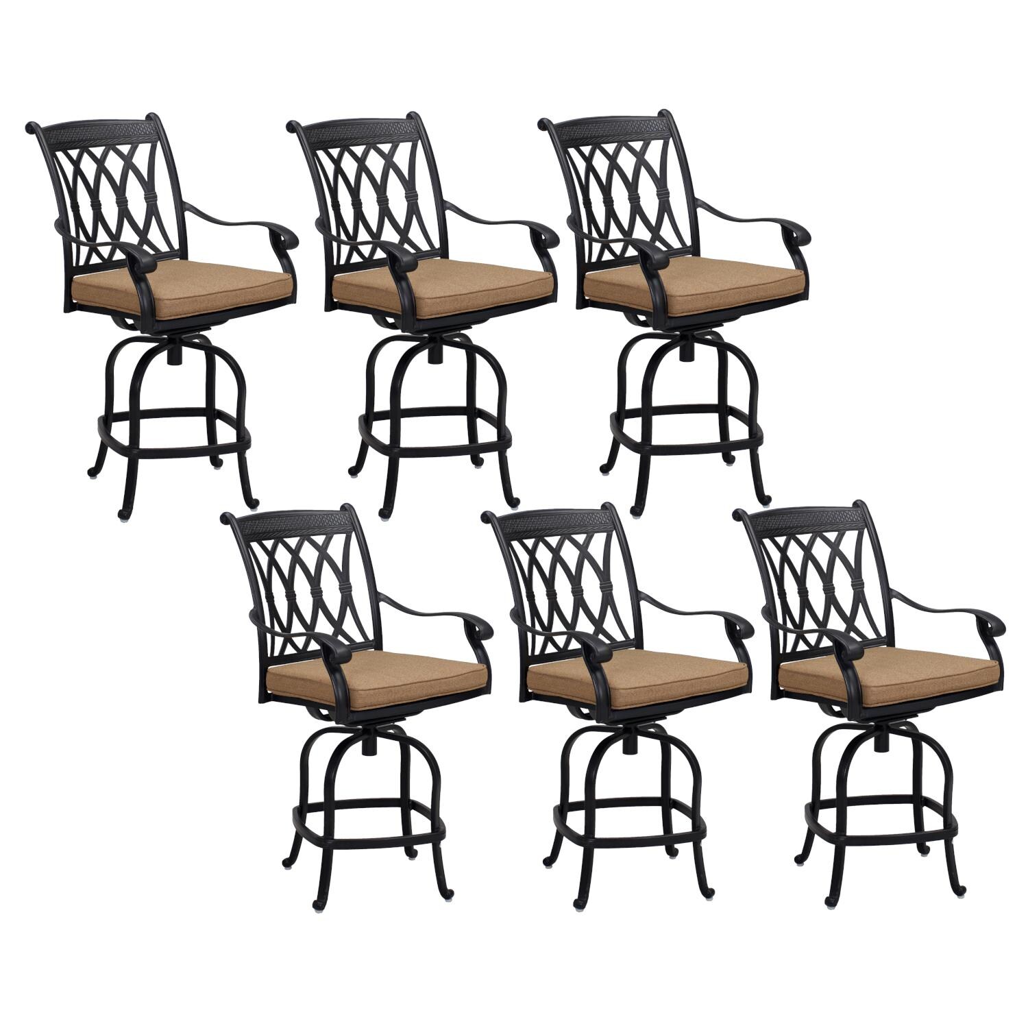 Capri 6 Piece Cast Aluminum Patio Counter Height Swivel Bar Stool Set W/ Sesame Polyester Cushions By Darlee