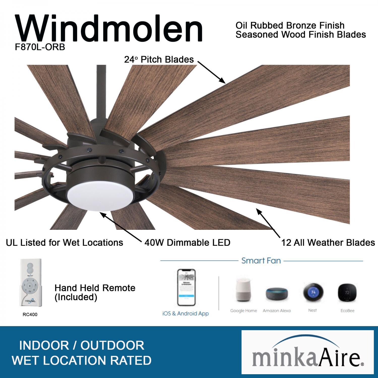Minka-Aire F870L-ORB Windmolen 65-Inch 12-Blade LED Ceiling Fan in Oil Rubbed Bronze Finish w/ Seasoned Wood Finish Blades & Etched Lens - Details thumbnail