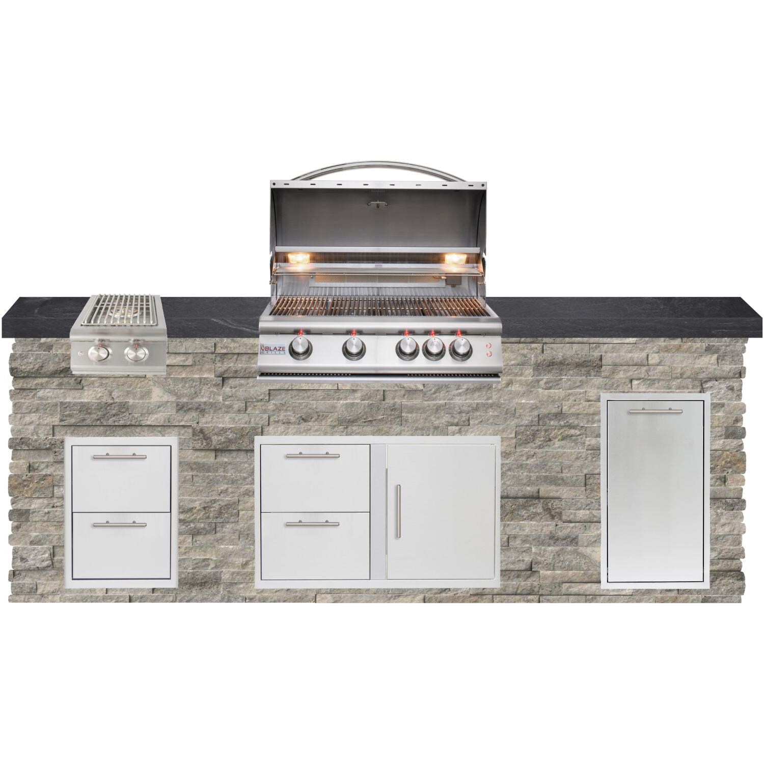 BBQGuys Signature 8ft Luxury Outdoor Island W/ Blaze Premium LTE 32-Inch Propane Grill & Double Side Burner - Silver Travertine Stone W/ Black Polished Granite