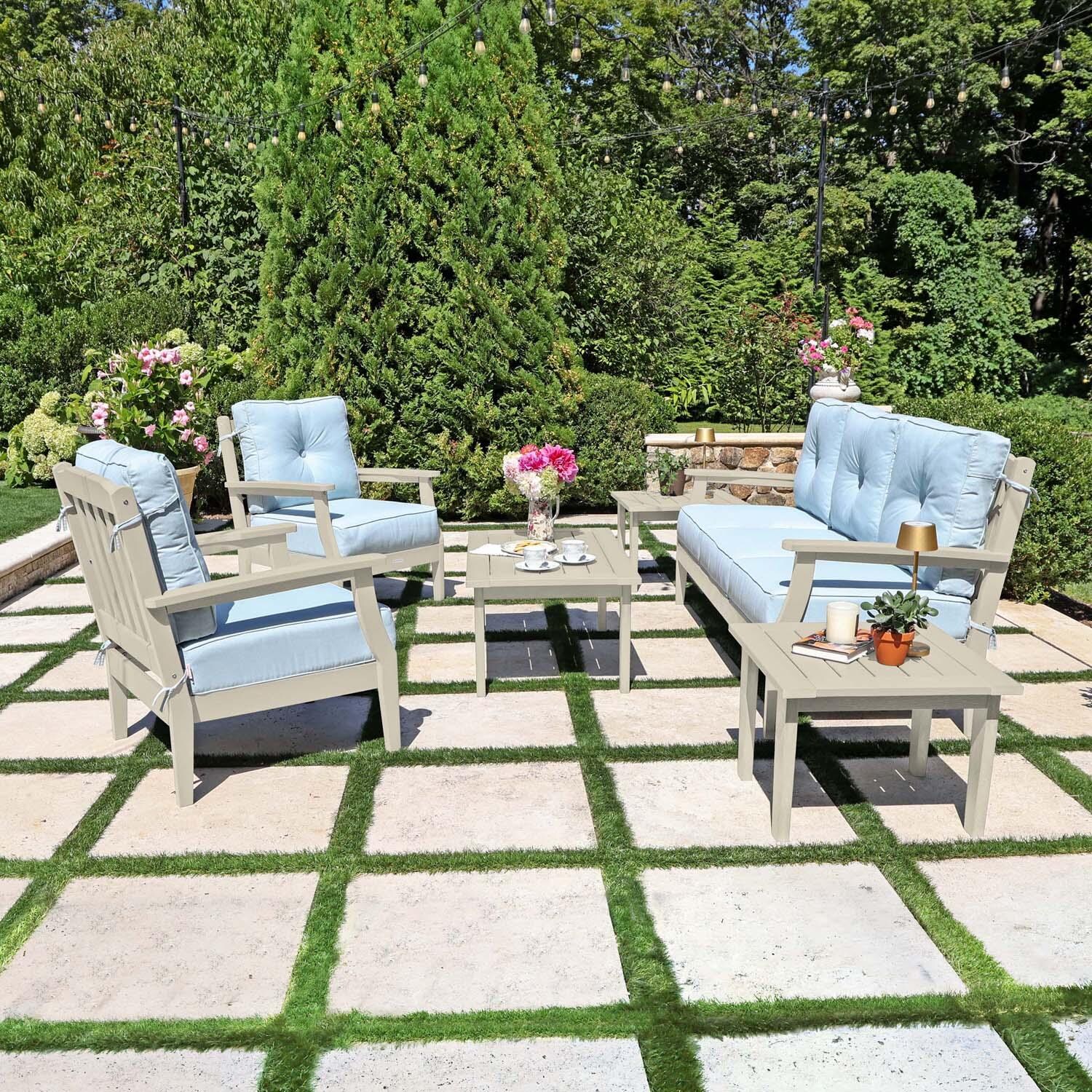 Blushing Bay 6 Pc Recycled Plastic Seating Set w/ Sofa in Bliss Dew/Whitewash by Lakeview Outdoor Designs - Side View - Lifestyle thumbnail