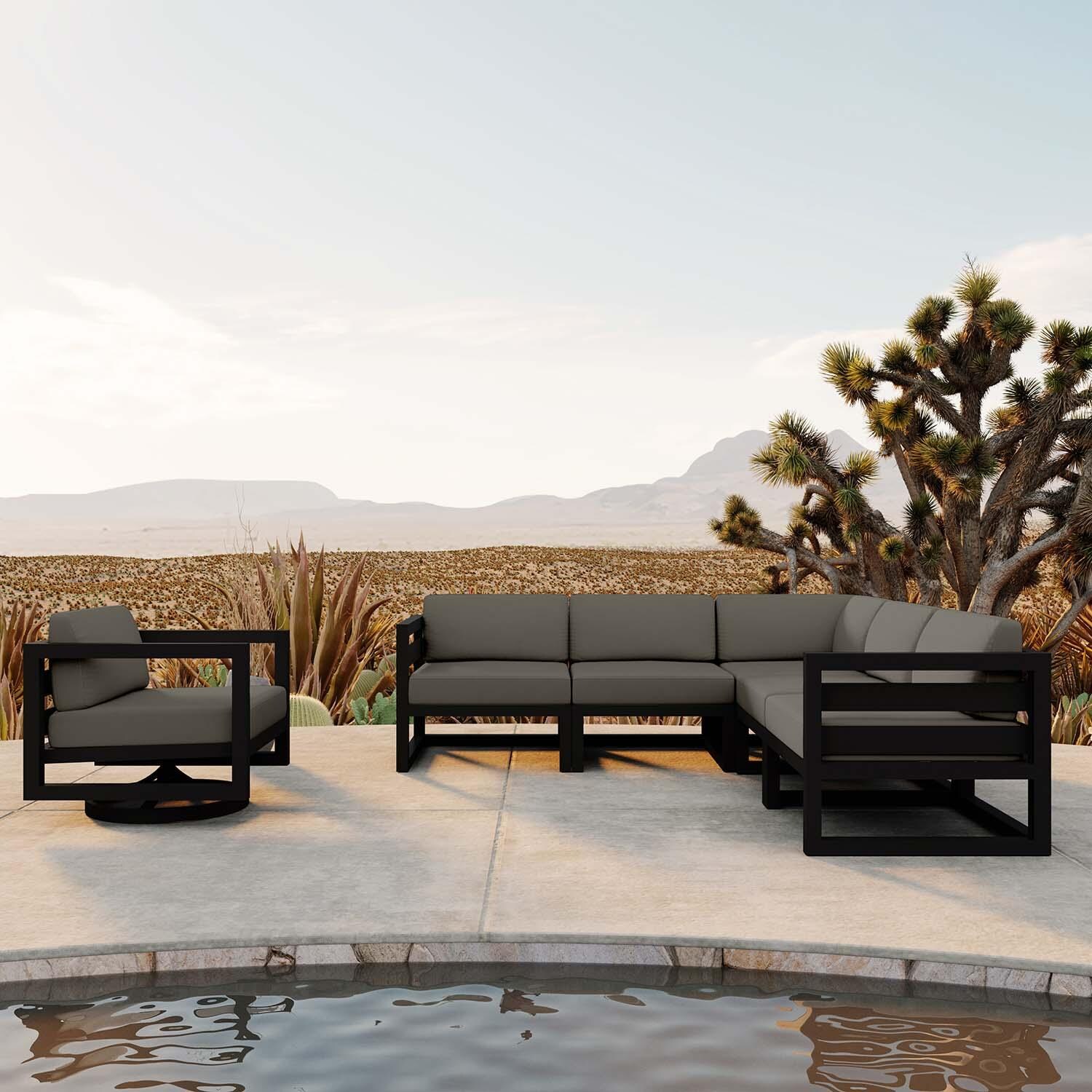 Misty Cove 6 Pc Aluminum Sectional Seating Set w/ Swivel Chairs in Black/Canvas Charcoal by Lakeview Outdoor Designs - Front View - Lifestyle thumbnail
