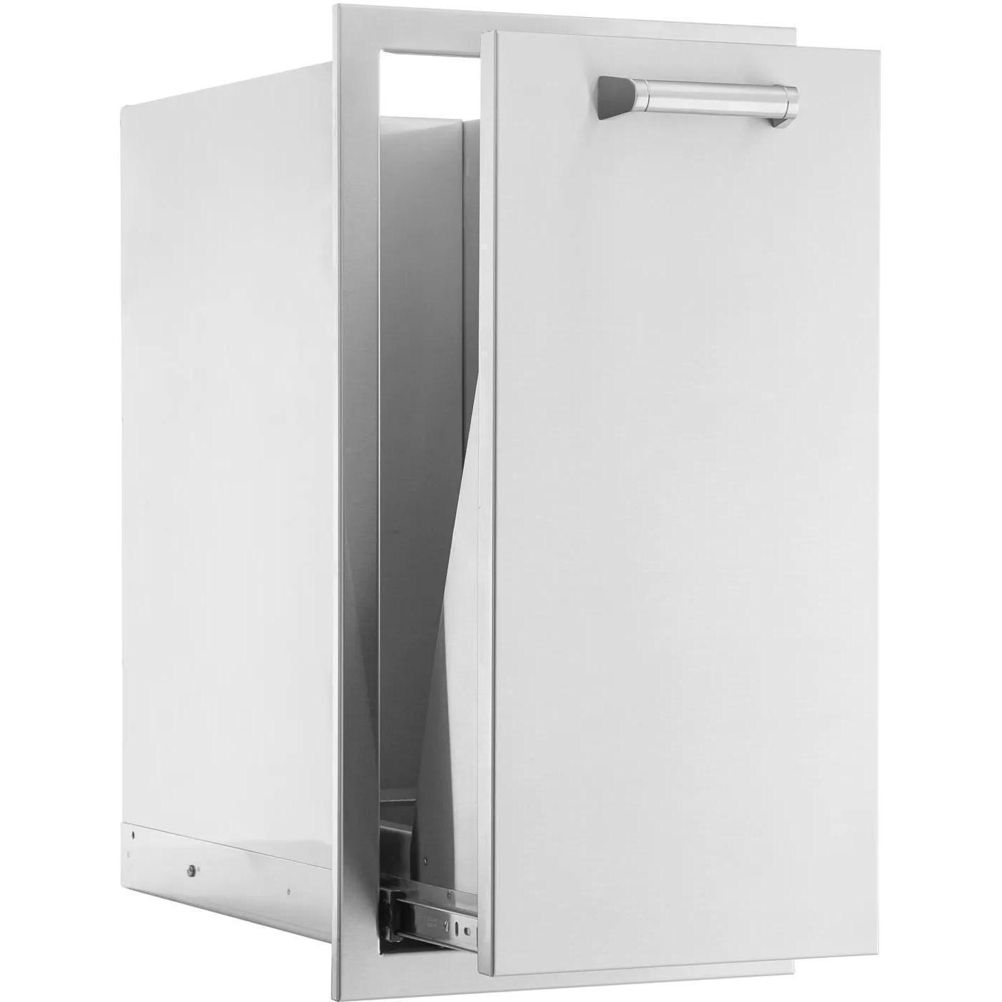 BBQGuys Signature 13-in Contempo/Traditional Stainless Steel Narrow Roll-Out Trash Bin - Drawer Open - White Background