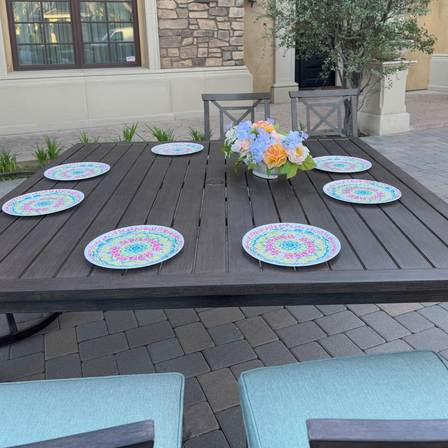 Atlantis 8 Pc Aluminum Dining Set w/ 4 Dining Side Chairs, 2 Swivel Rocker Dining Arm Chairs & Two Person Bench in Walnut/Spa by Darlee - Table Top - Lifestyle thumbnail