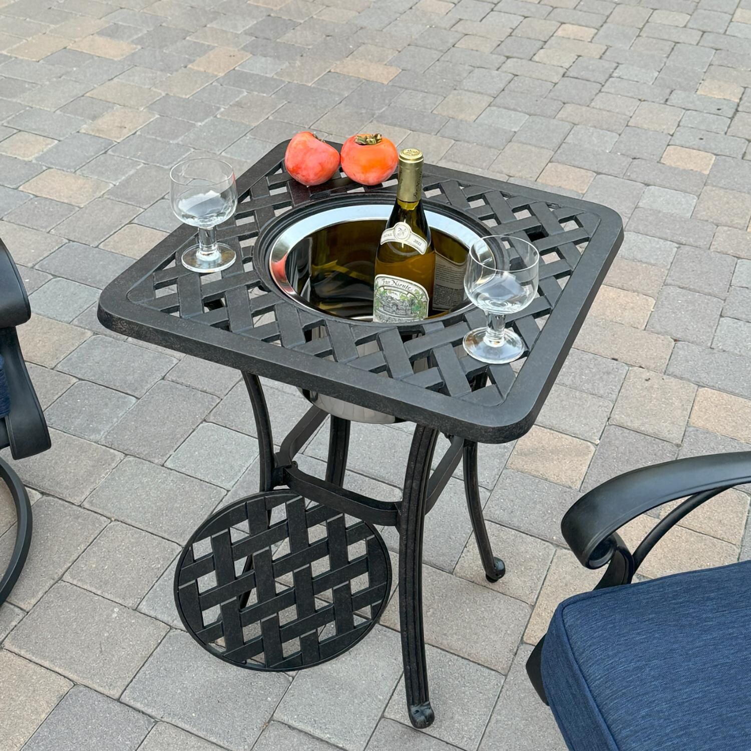 Darlee B/DL13-3PCR-30SQ-N Nassau 3 Pc Cast Aluminum Conversation Set w/ Rocker and Ice Bucket in Antique Bronze w/ Navy Cushions - Table - Lifestyle thumbnail