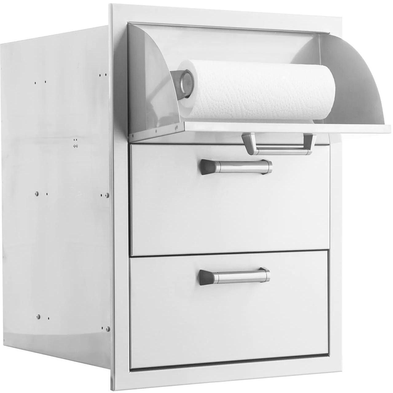 BBQGuys Signature 16-in Contempo/Traditional Stainless Steel Double Access Drawer w/ Paper Towel Dispenser - Contempo Handles - Paper Towel Dispenser Open - White Background thumbnail