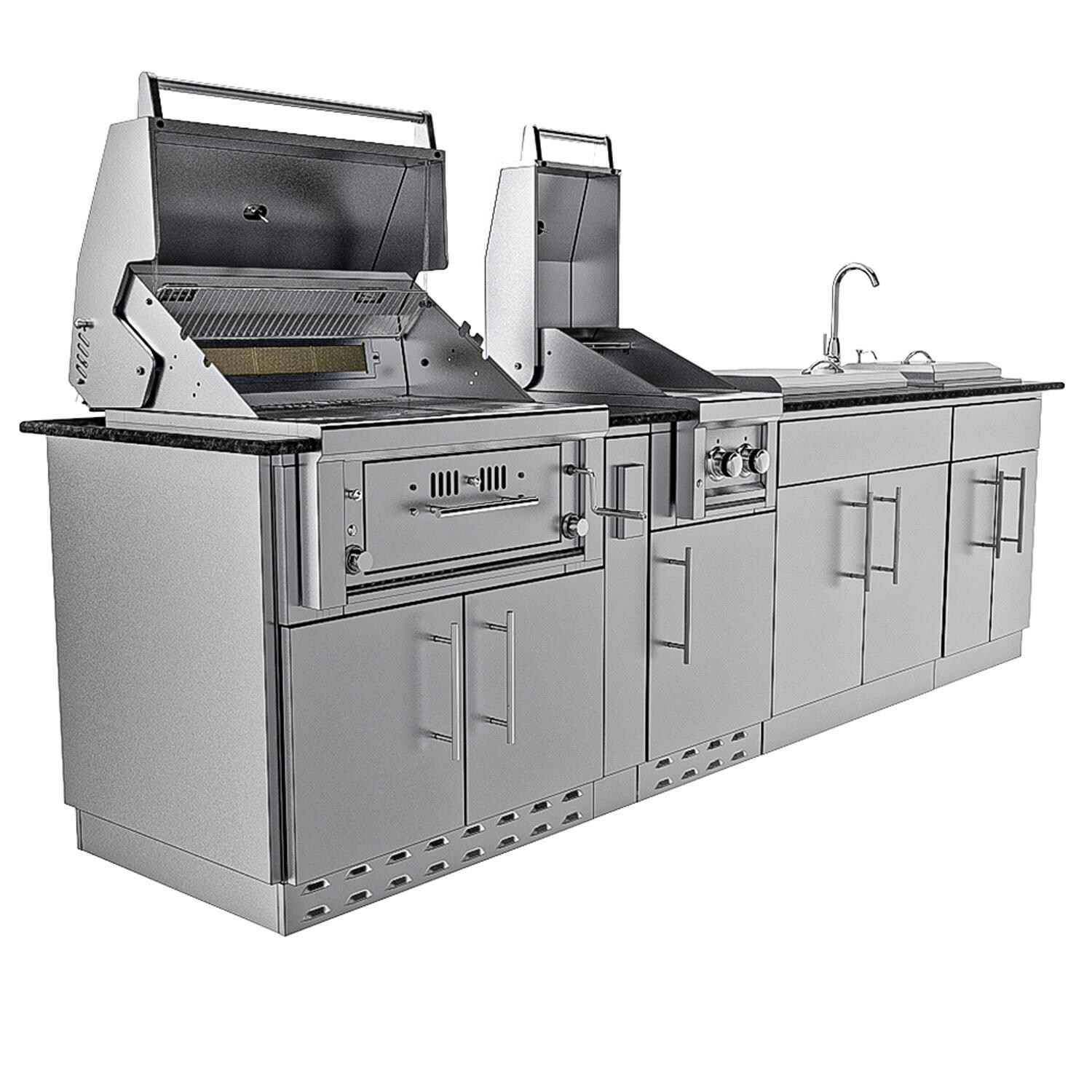 Sunstone Grills SCPALAMO10-LP Alamo 10 Ft Outdoor Kitchen Island w/ Propane Grill & Side Burner, Sink, Door & Drawer - Angled Open - White Background thumbnail