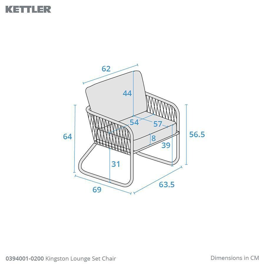 Kingston 4 Pc Aluminum/Rope Seating Set w/ Charcoal Gray Cushions By KETTLER - Club Chair Dimensions - Dimensional thumbnail
