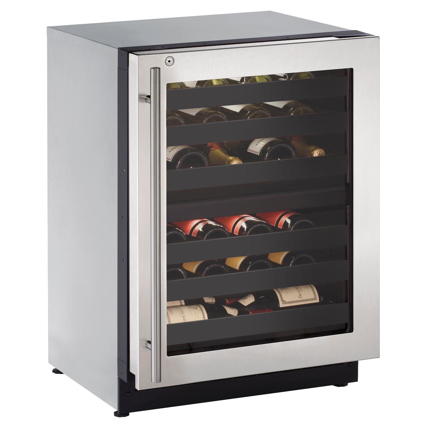 U-Line 2000 Series 24-Inch 43 Bottle Right Hinge Dual Zone Wine Captain With Lock - Stainless Steel - U-2224ZWCS-13B