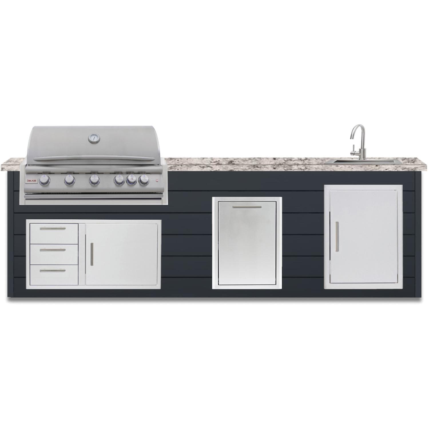 BBQGuys Signature 10 Ft Outdoor Kitchen Island w/ 40 Inch Natural Gas Blaze LTE+ Grill, Sink, & Double Trash Bin | Asphalt Gray w/ White Granite