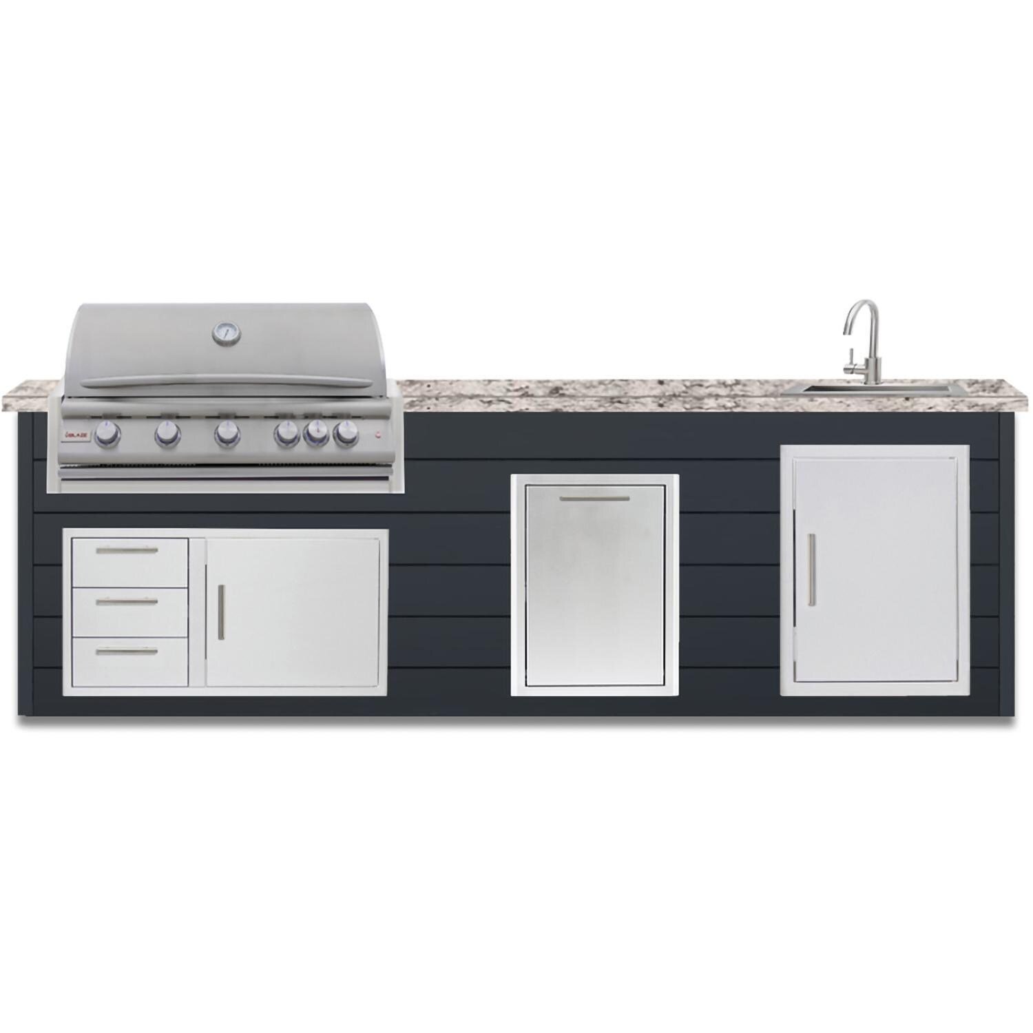 BBQGuys Signature 10 Ft Grill Island w/ 40 Inch Natural Gas Blaze Premium LTE+ Grill , Sink, Narrow Trash Bin & Door & Drawer | Asphalt Gray w/ White Granite - Front - White Background thumbnail