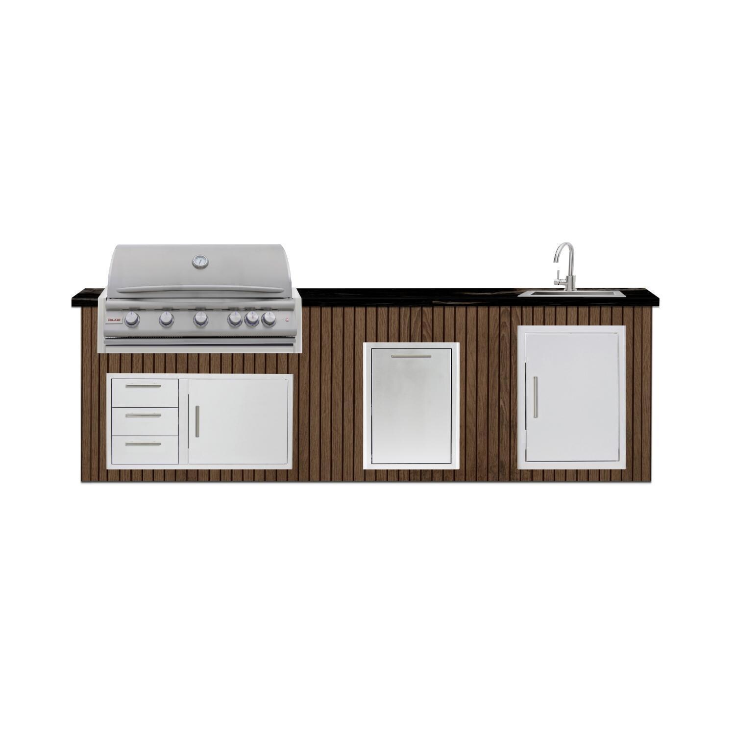 BBQGuys Signature 10 Ft Outdoor Kitchen Island w/ 40-in Blaze LTE+ Natural Gas Grill, Sink & Double Trash Bin | Toffee w/ Nero Mist Granite - Island - White Background thumbnail
