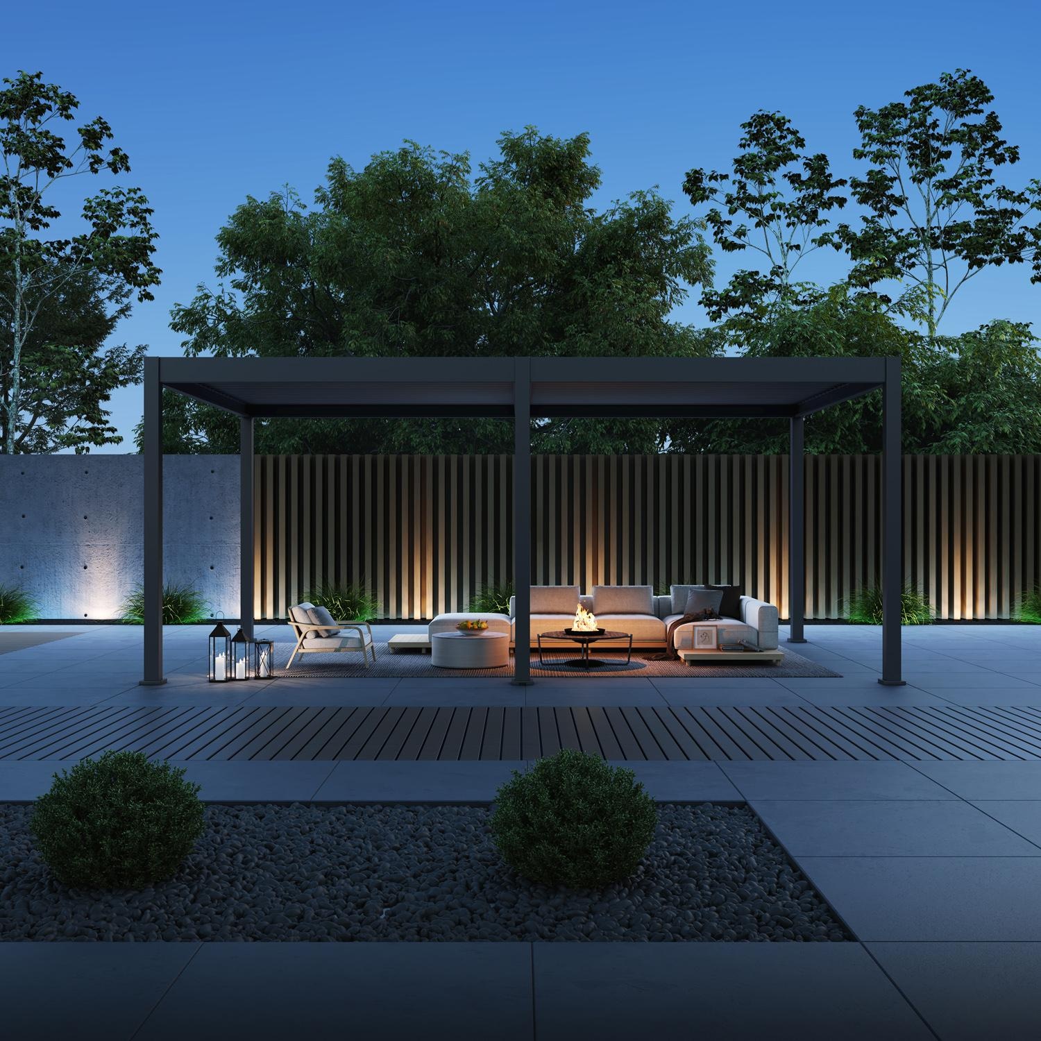 Paragon Outdoor PRGRT-1220GY Grand Tuscan 12' x 20' Slate Gray Aluminum Louvered Pergola - At Night - Detail thumbnail