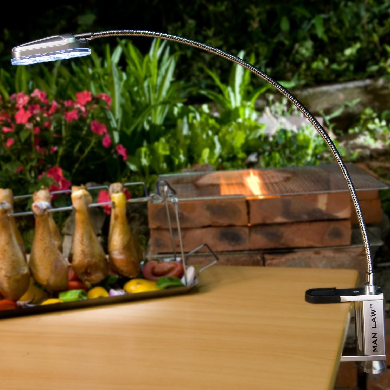 Man-Law Aluminum BBQ Grill Light With Magnetic Clamp Base - In Use On Table thumbnail