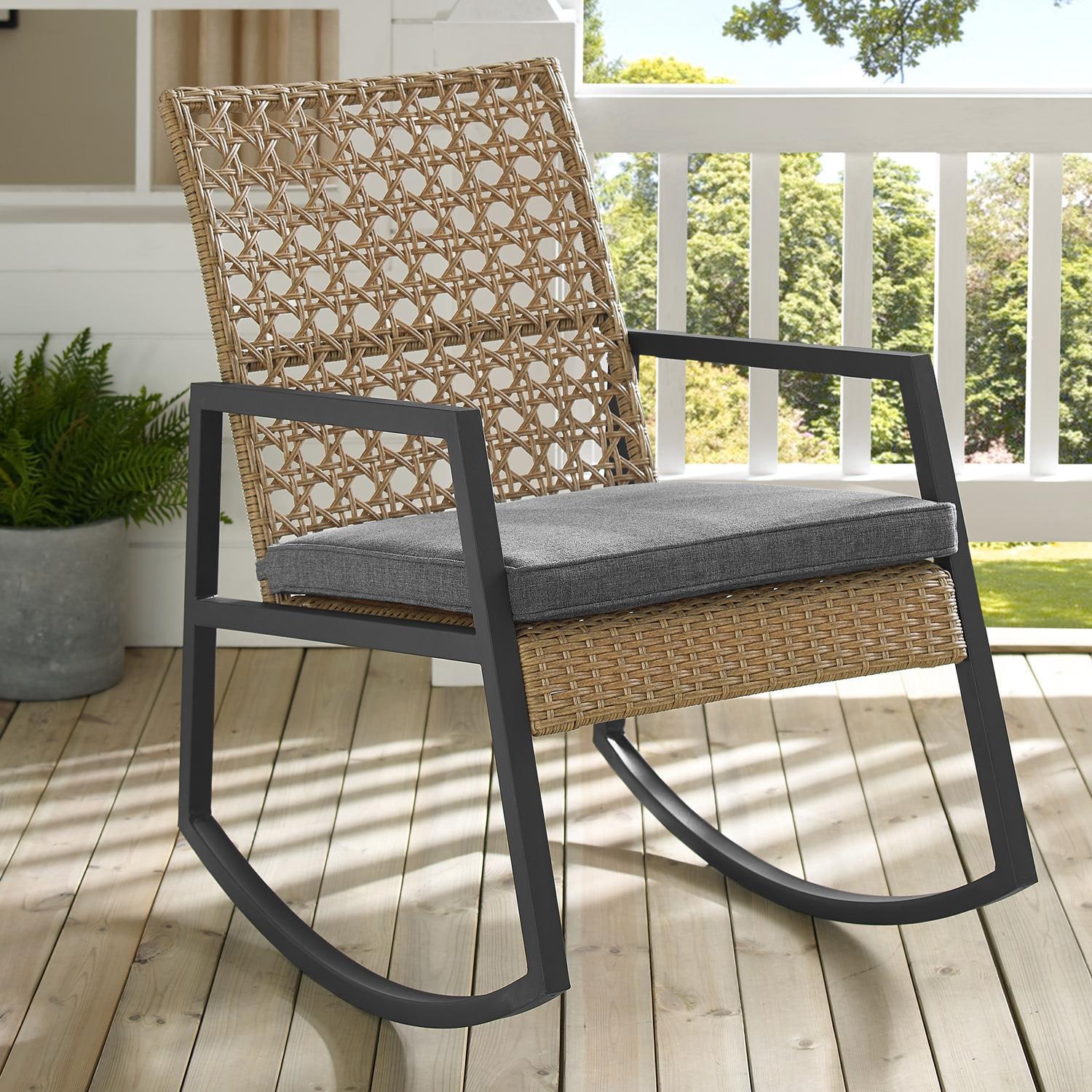 Ultimate Patio Pointebell Rattan & Steel Patio Rocking Chair W/ Gray Cushion - Brown thumbnail