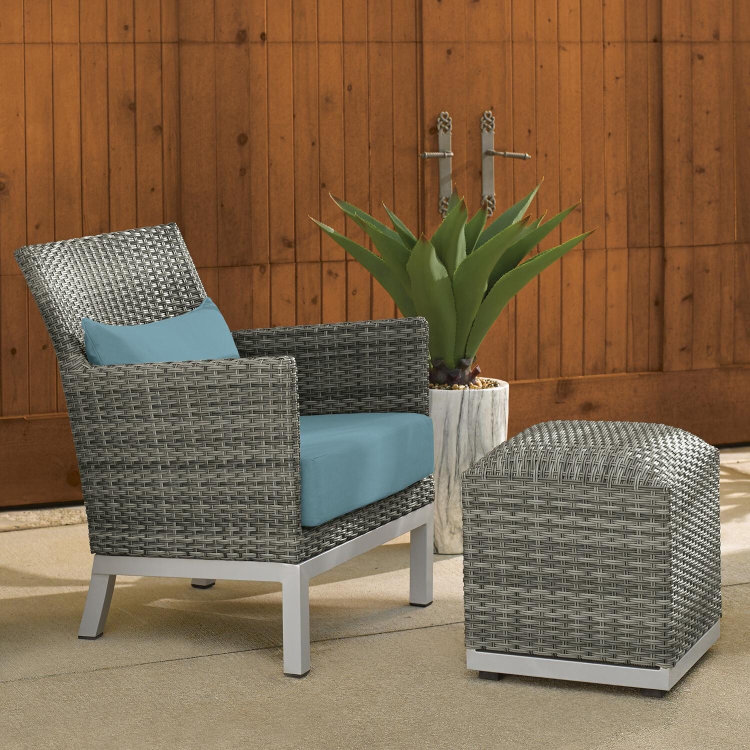 Argento 2 Piece Wicker Patio Seating Set W/ Ottoman & Lumbar Pillow By Oxford Garden - Ice Blue image