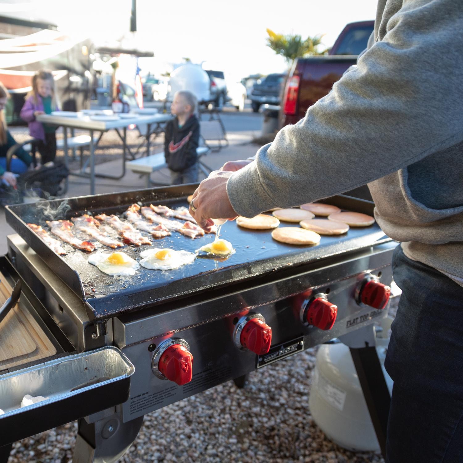 Camp Chef FTG600P 4-Burner Portable Flat Top Grill - Cooking Breakfast - Lifestyle thumbnail