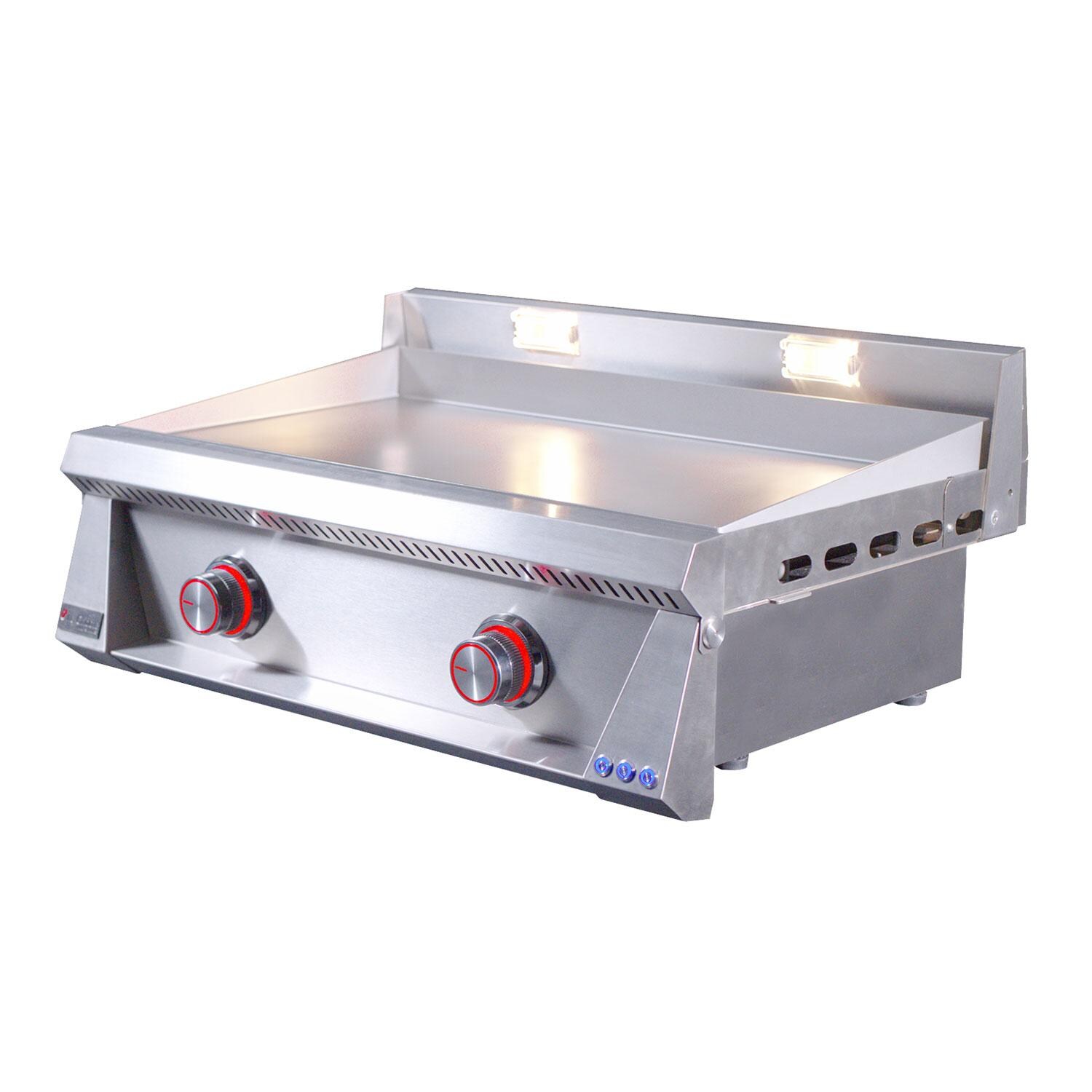 Le Griddle OML75P3 LP Pro Series 75 2 Burner Built-In Propane Flat Top Grill w/ 3mm Plate - Blue LED Knobs Indicates Control Valve OFF - Side View - White Background thumbnail