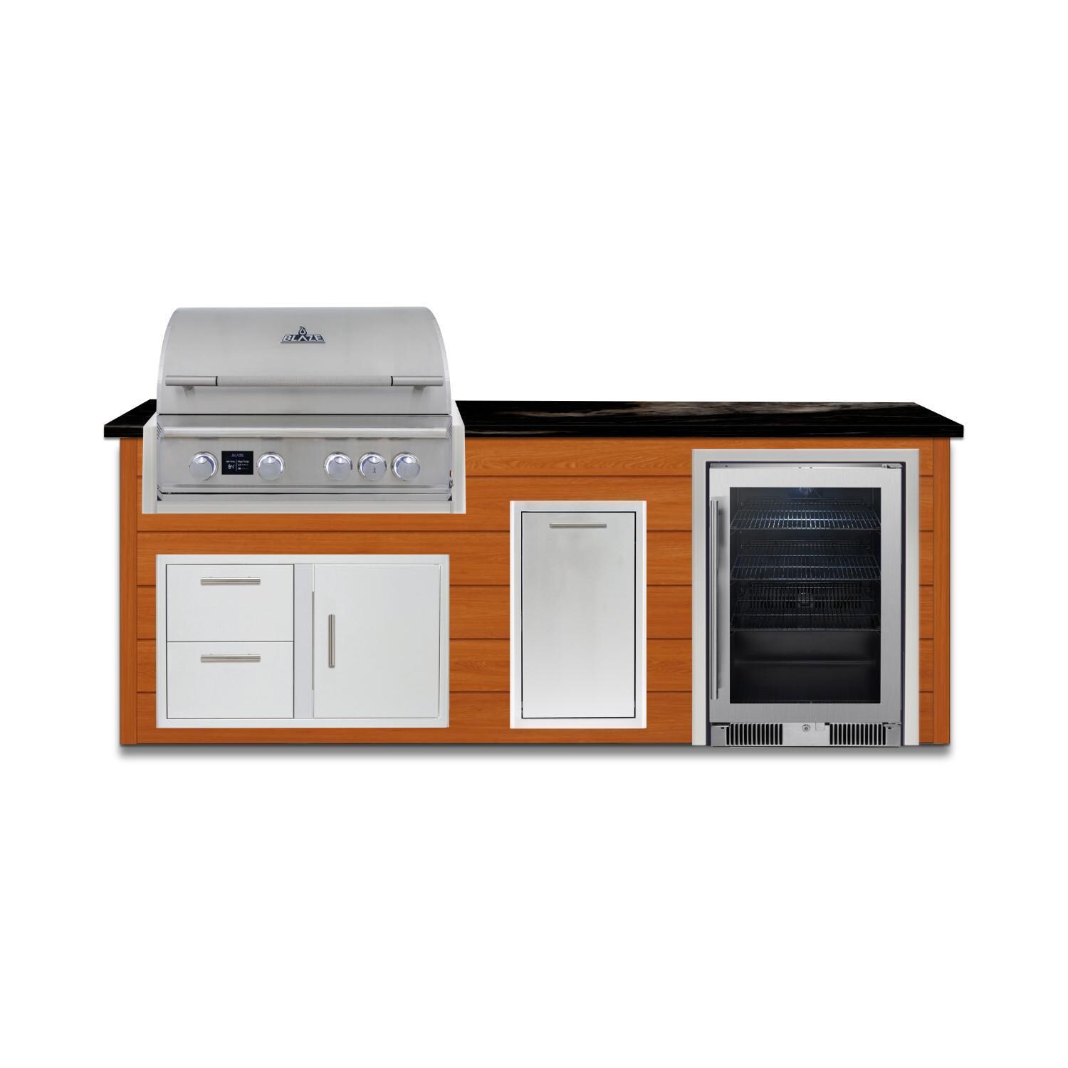 BBQGuys Signature 8 Ft Grill Island w/ 32 Inch Propane Blaze Premium LTE Pro Grill, Beverage Center, Double Trash Bin & Door & Drawer | Chai Cedar w/ Nero Mist Granite - Front - White Background thumbnail