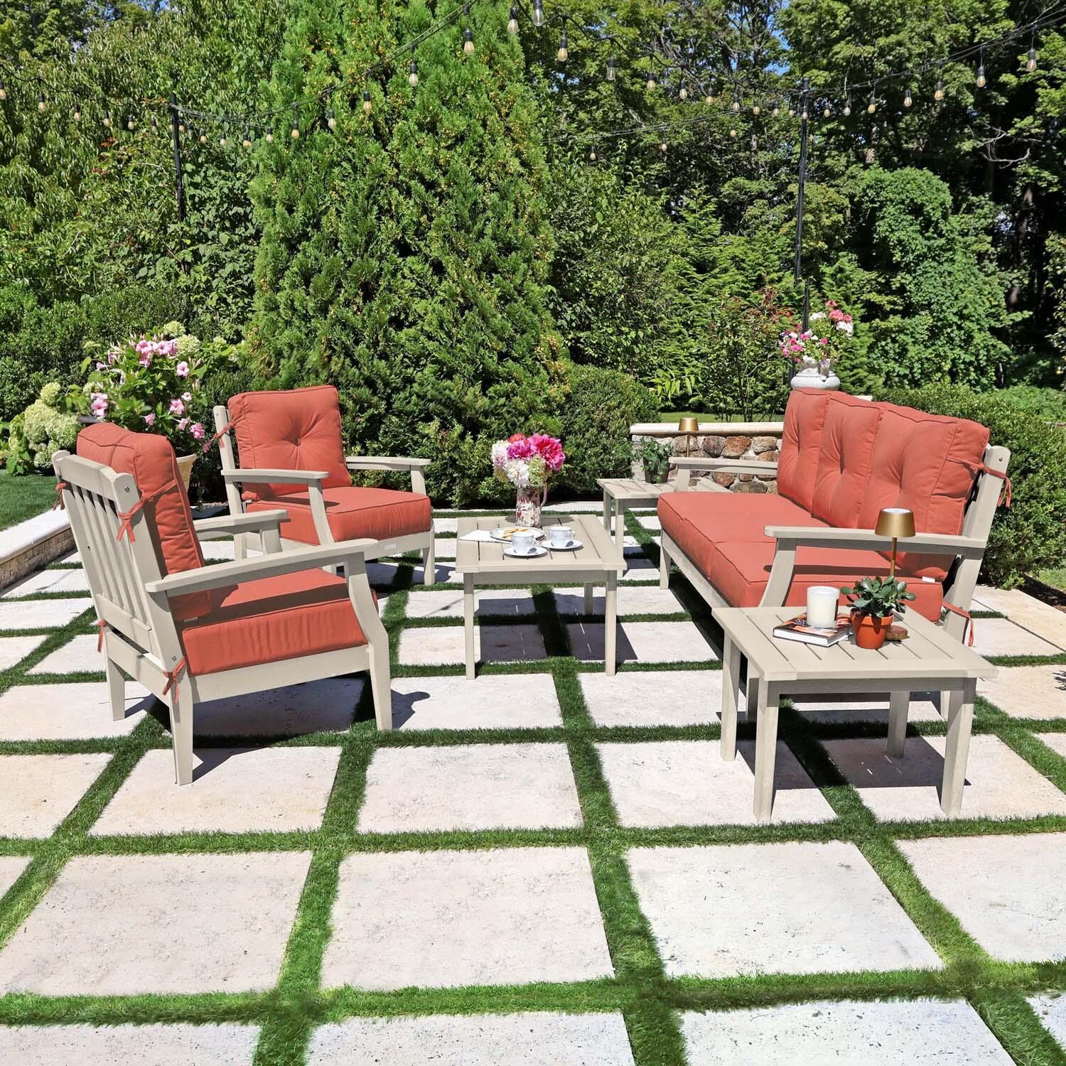 Blushing Bay 6 Pc Recycled Plastic Seating Set w/ Sofa in Canvas Persimmon/Whitewash by Lakeview Outdoor Designs - Side View - Lifestyle thumbnail