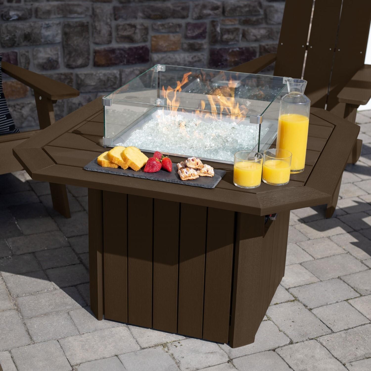 Harborview 5 Pc Adirondack Set W/ Fire Pit Table in Weathered Acorn by Lakeview Outdoor Designs - Angled Table View - Lifestyle thumbnail