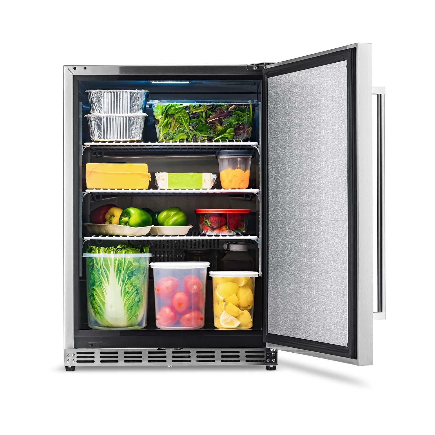 NewAir NCR053SS00 24 Inch 160 Can Right Hinge Commercial Built-in Outdoor Beverage Cooler - Stainless Steel - Shown w/ Food Stored - White Background thumbnail