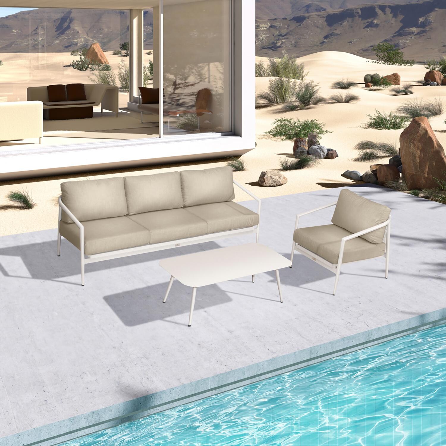 Lakeview Midnight Cove 3 Pc Aluminum Sofa Seating Set in Urban Stone/Carrera/Canvas Flax - Top - Lifestyle thumbnail